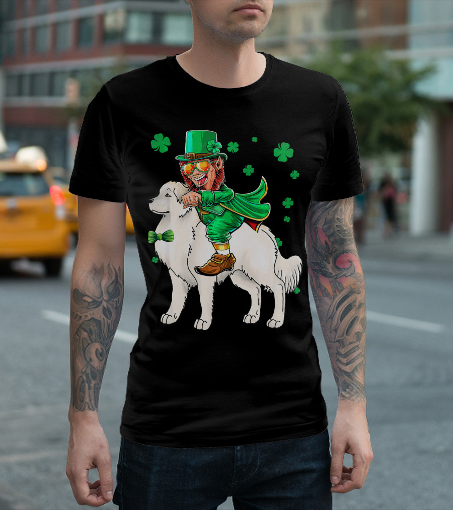 Great Pyrenees Leprechaun Riding Shamrock T-Shirt