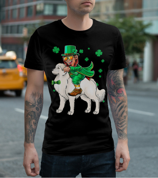 Great Pyrenees Leprechaun Riding Shamrock T-Shirt