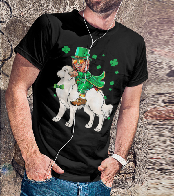 Great Pyrenees Leprechaun Riding Shamrock T-Shirt