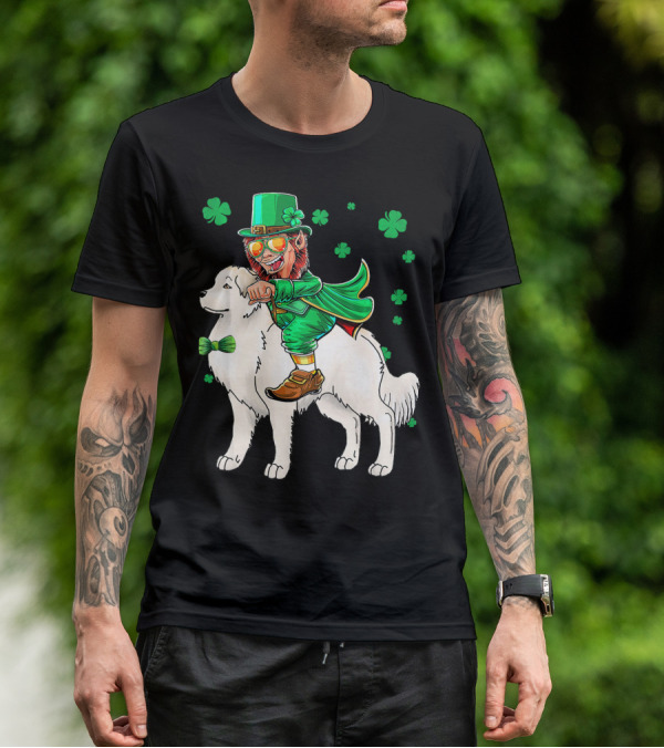 Great Pyrenees Leprechaun Riding Shamrock T-Shirt