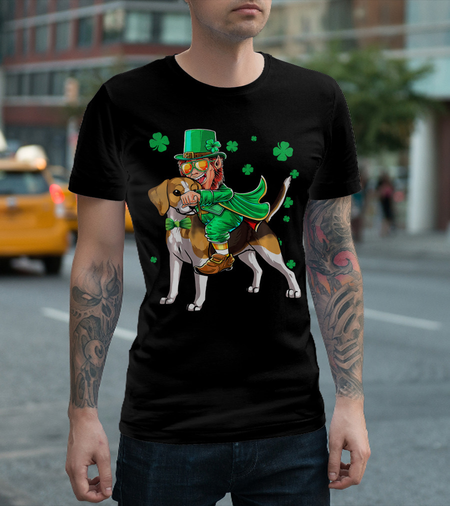 Leprechaun Riding Beagle With Shamrocks For St. Patrick's Day T-Shirt