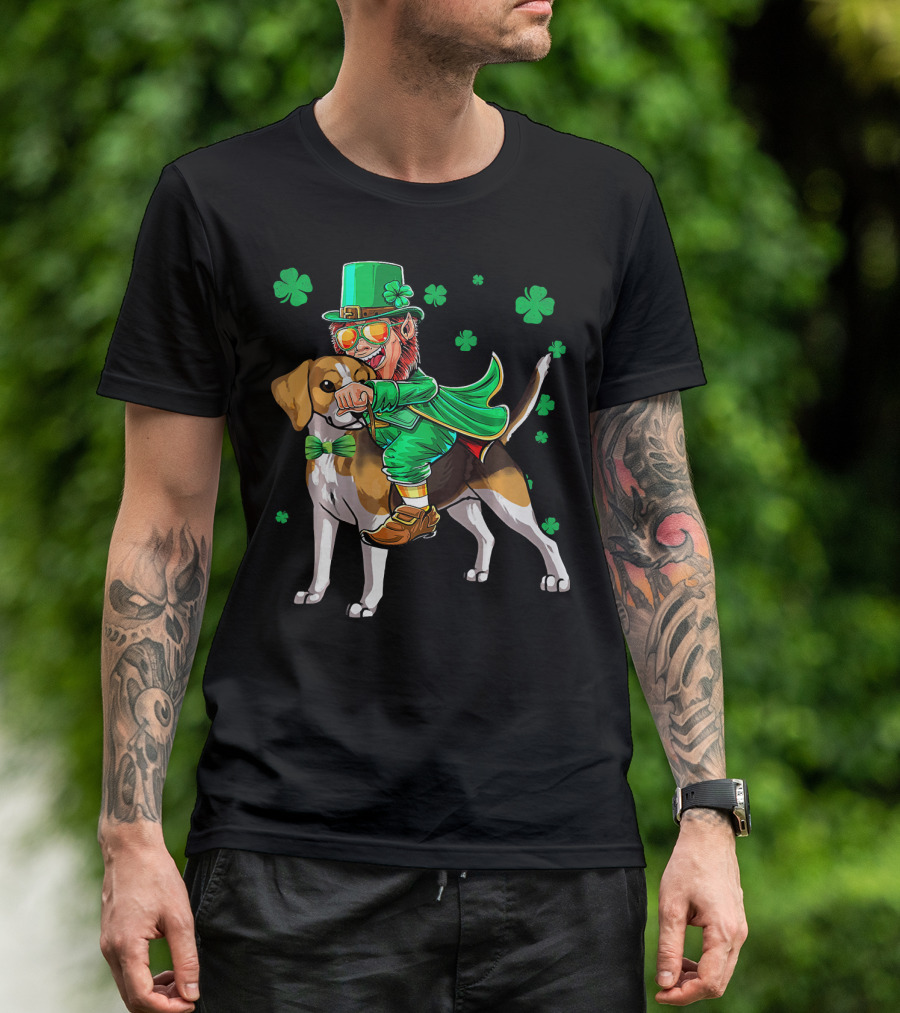 Leprechaun Riding Beagle With Shamrocks For St. Patrick's Day T-Shirt