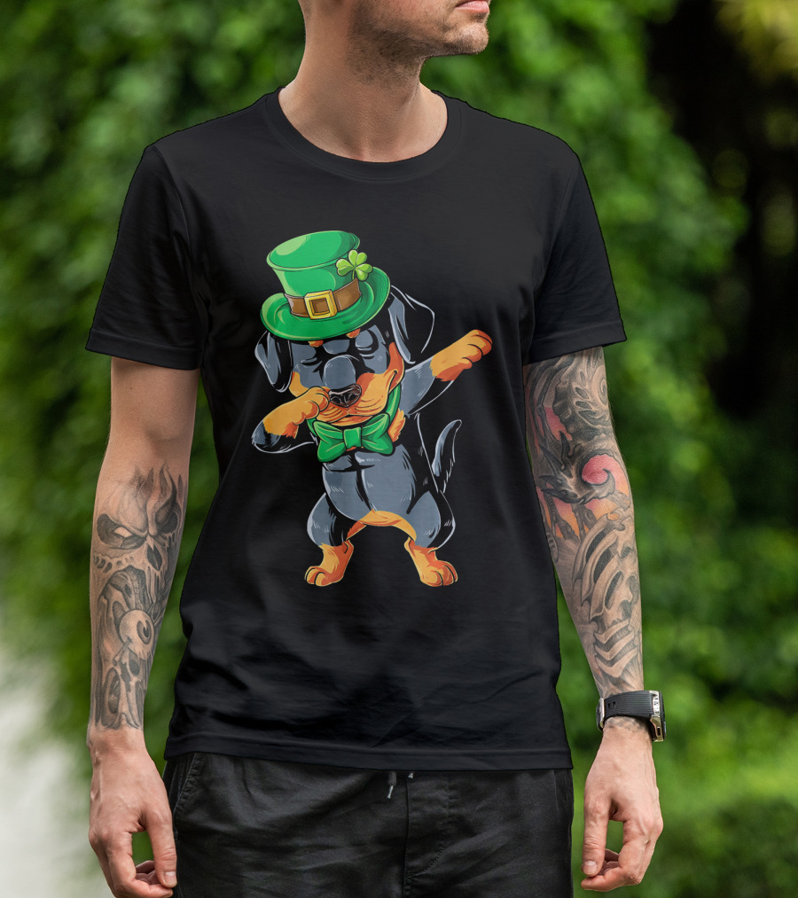Dabbing Rottweiler St. Patrick's Day Hat And Bow Tie T-Shirt