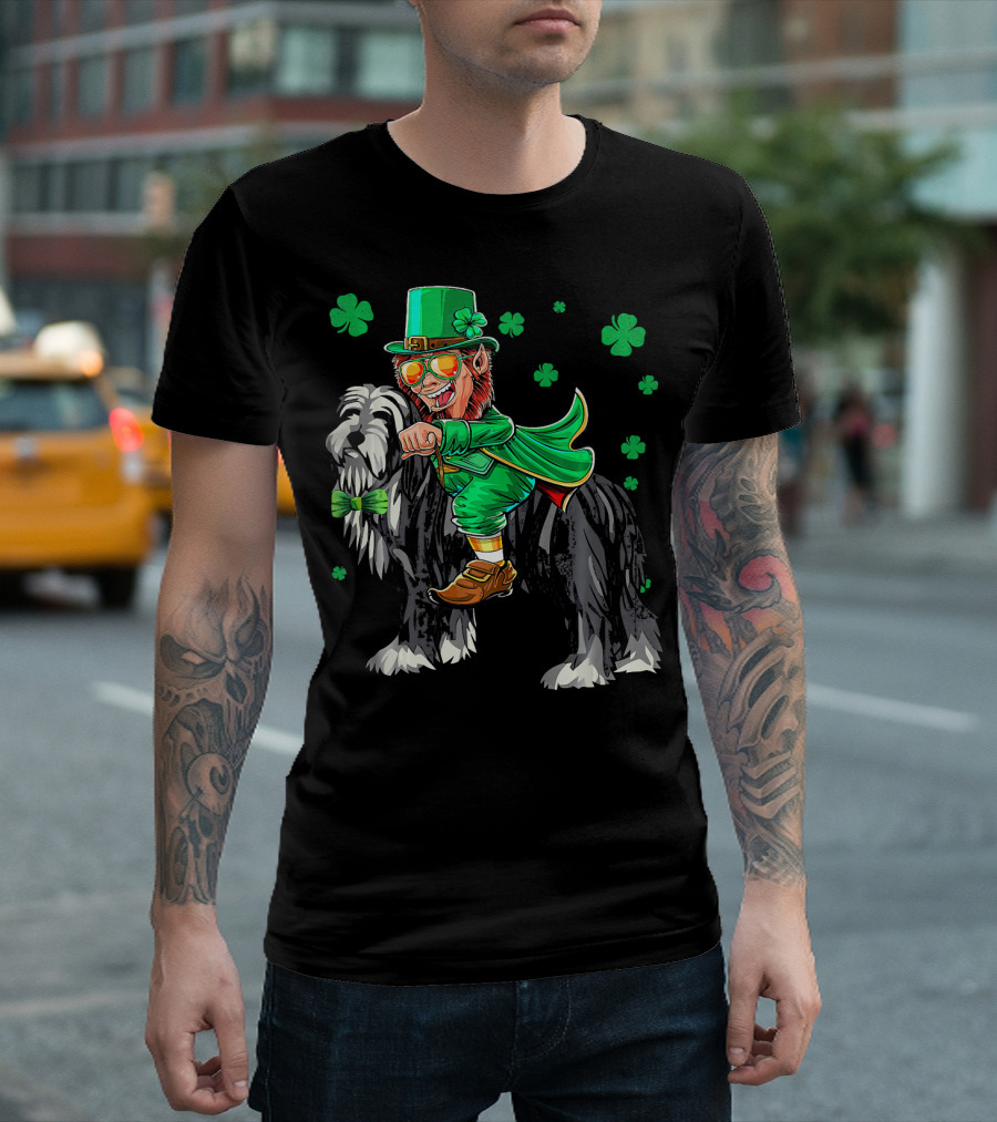 Leprechaun Riding Bearded Collie With Shamrocks T-Shirt