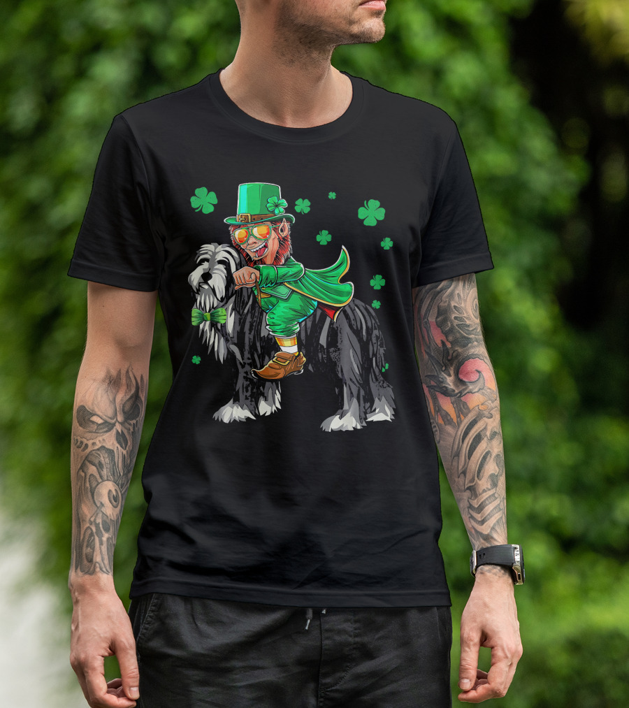 Leprechaun Riding Bearded Collie With Shamrocks T-Shirt