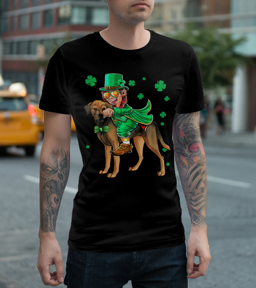 Leprechaun Riding Border Terrier With Shamrocks T-Shirt
