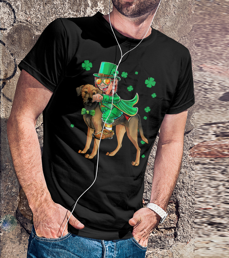 Leprechaun Riding Border Terrier With Shamrocks T-Shirt