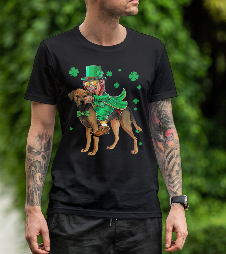 Leprechaun Riding Border Terrier With Shamrocks T-Shirt