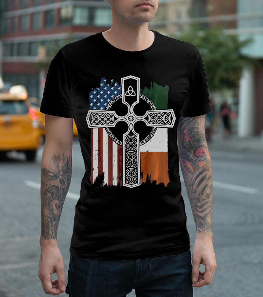 American Irish Flag Celtic Cross With Triquetra T-Shirt