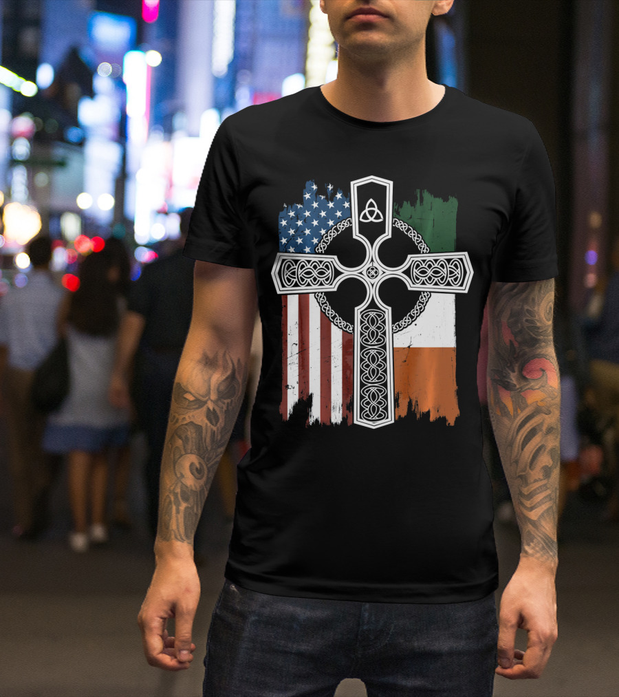 American Irish Flag Celtic Cross With Triquetra T-Shirt