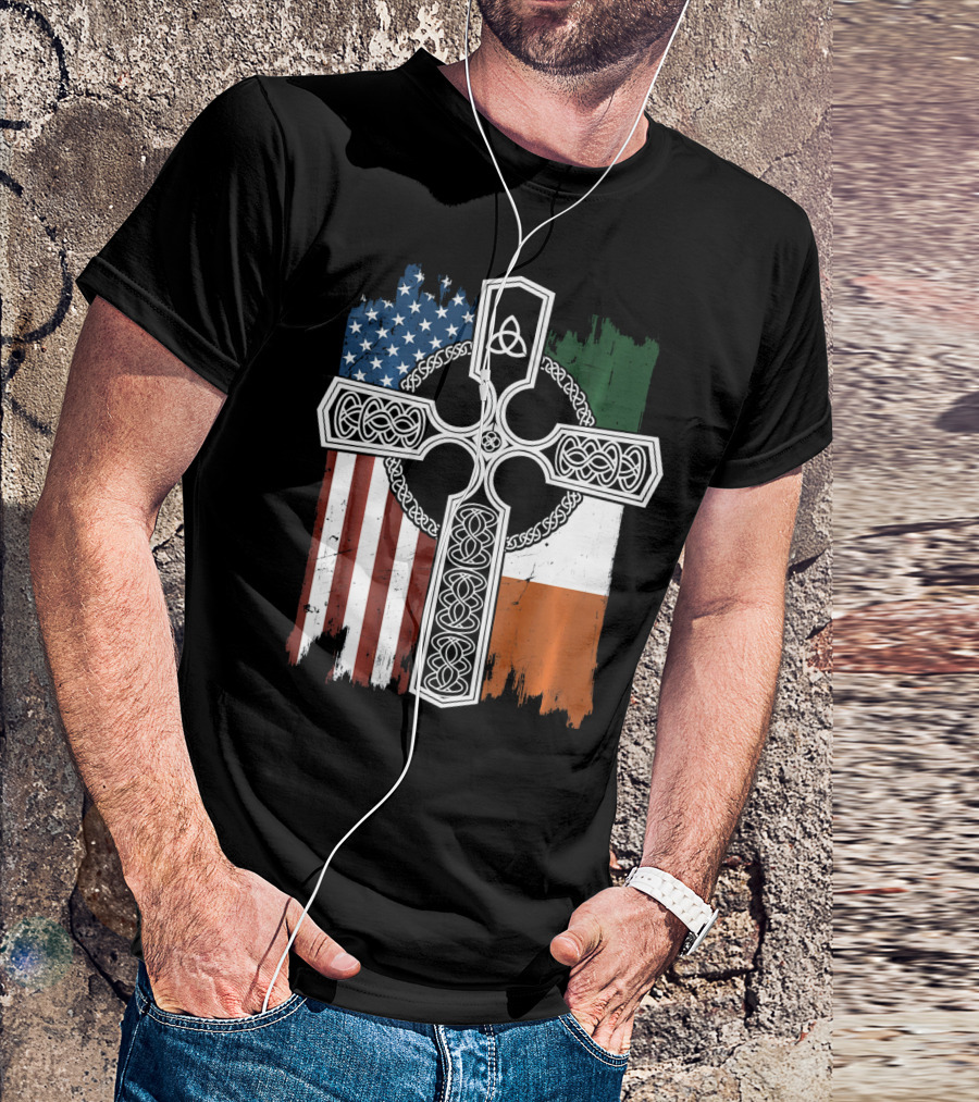 American Irish Flag Celtic Cross With Triquetra T-Shirt