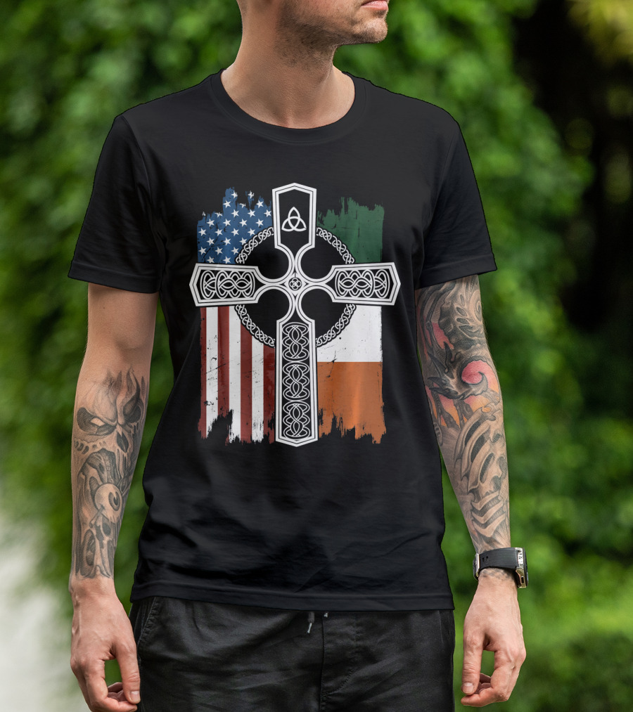 American Irish Flag Celtic Cross With Triquetra T-Shirt