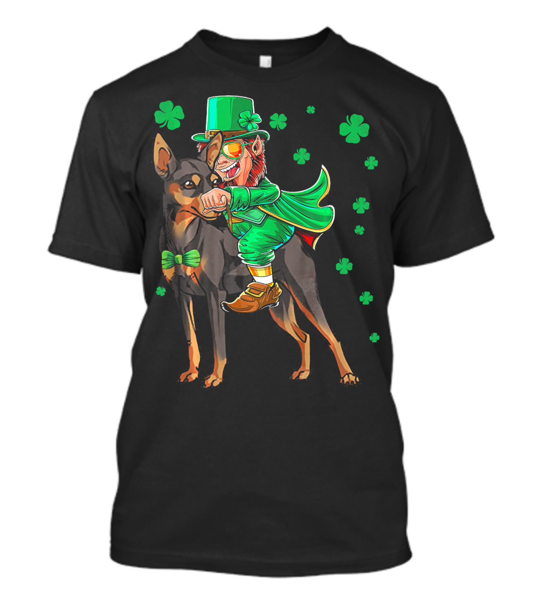 Leprechaun Miniature Pinscher Riding Shamrock Adventure T-Shirt
