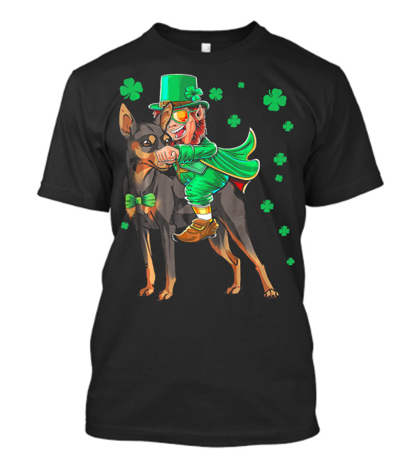 Leprechaun Miniature Pinscher Riding Shamrock Adventure T-Shirt