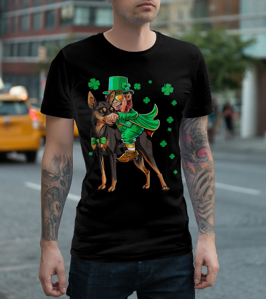 Leprechaun Miniature Pinscher Riding Shamrock Adventure T-Shirt