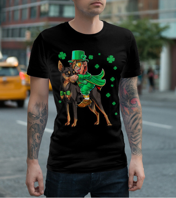 Leprechaun Miniature Pinscher Riding Shamrock Adventure T-Shirt