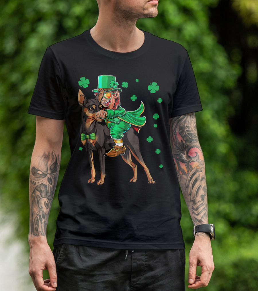 Leprechaun Miniature Pinscher Riding Shamrock Adventure T-Shirt