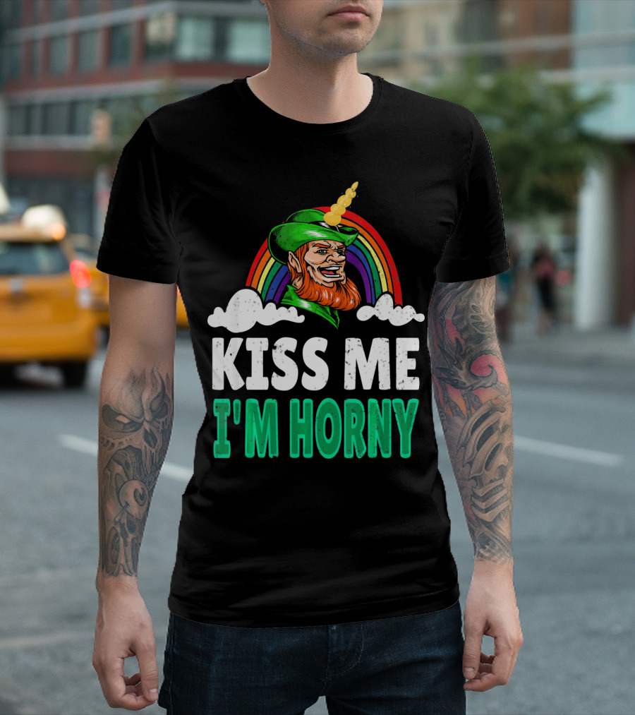 Kiss Me I'm Horny St Patricks Day Lepricorn Rainbow T-Shirt