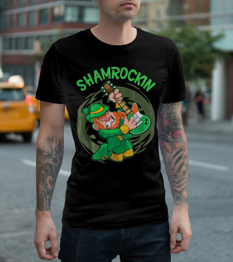 Shamrockin Leprechaun Playing Guitar in Green T-Shirt