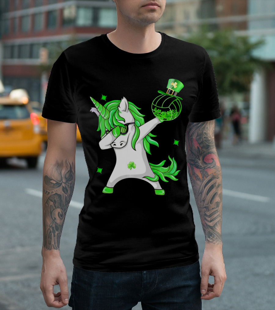 Happy St Patricks Day Dabbing Unicorn with Shamrock Hat and Green Hair T-Shirt