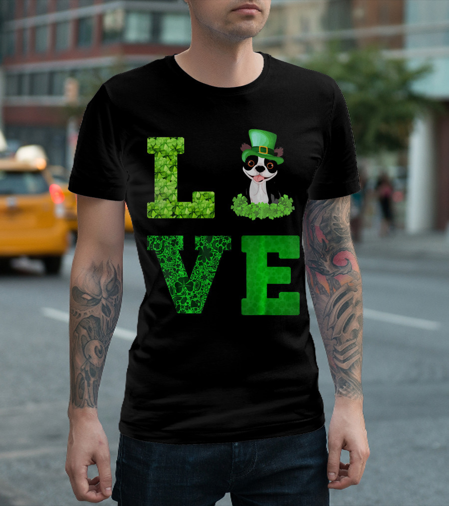 Love Boston Terrier St Patricks Day Clover Hat T-Shirt
