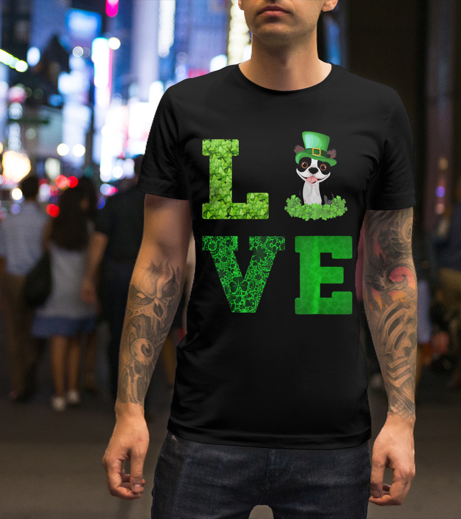 Love Boston Terrier St Patricks Day Clover Hat T-Shirt