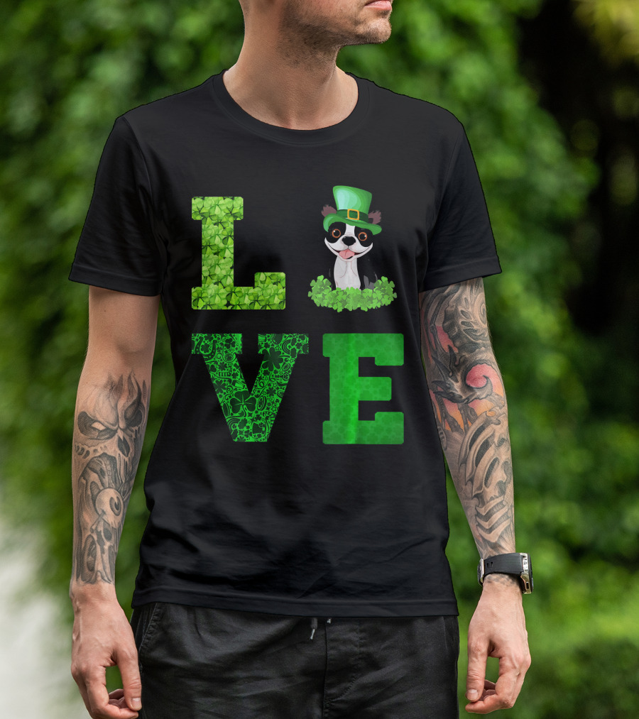 Love Boston Terrier St Patricks Day Clover Hat T-Shirt