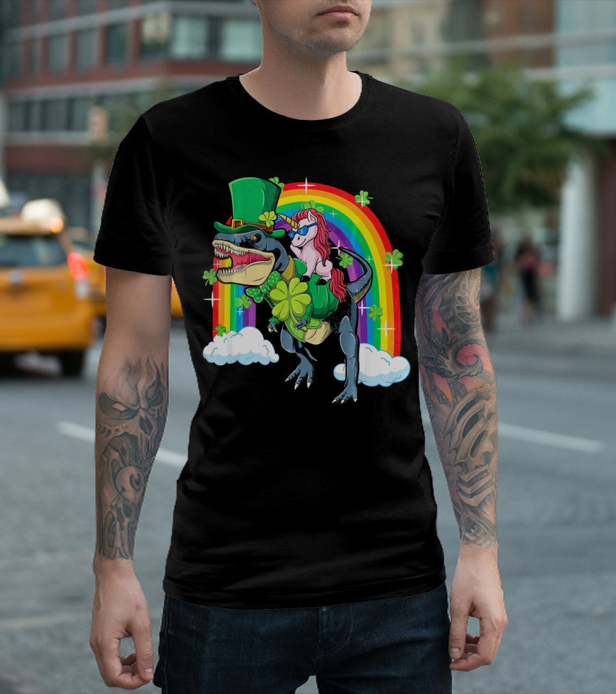 Unicorn Riding Dinosaur Leprechaun Rainbow Shamrocks T-Shirt
