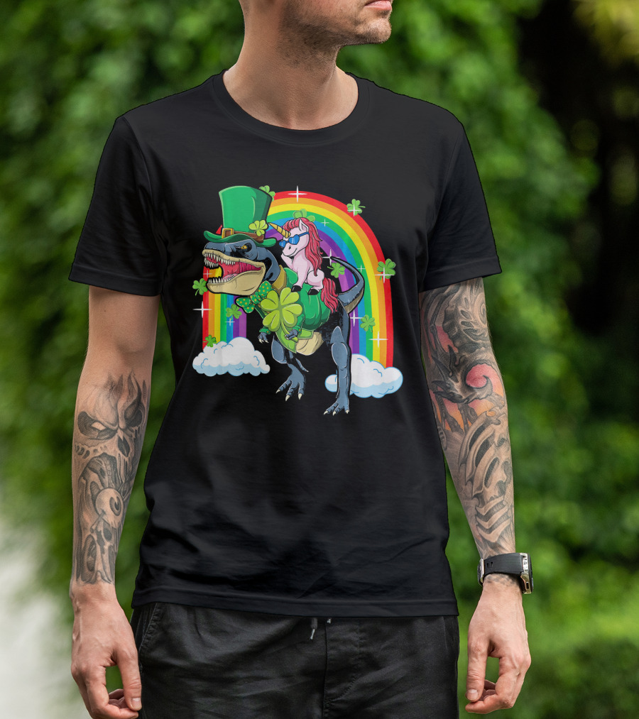 Unicorn Riding Dinosaur Leprechaun Rainbow Shamrocks T-Shirt