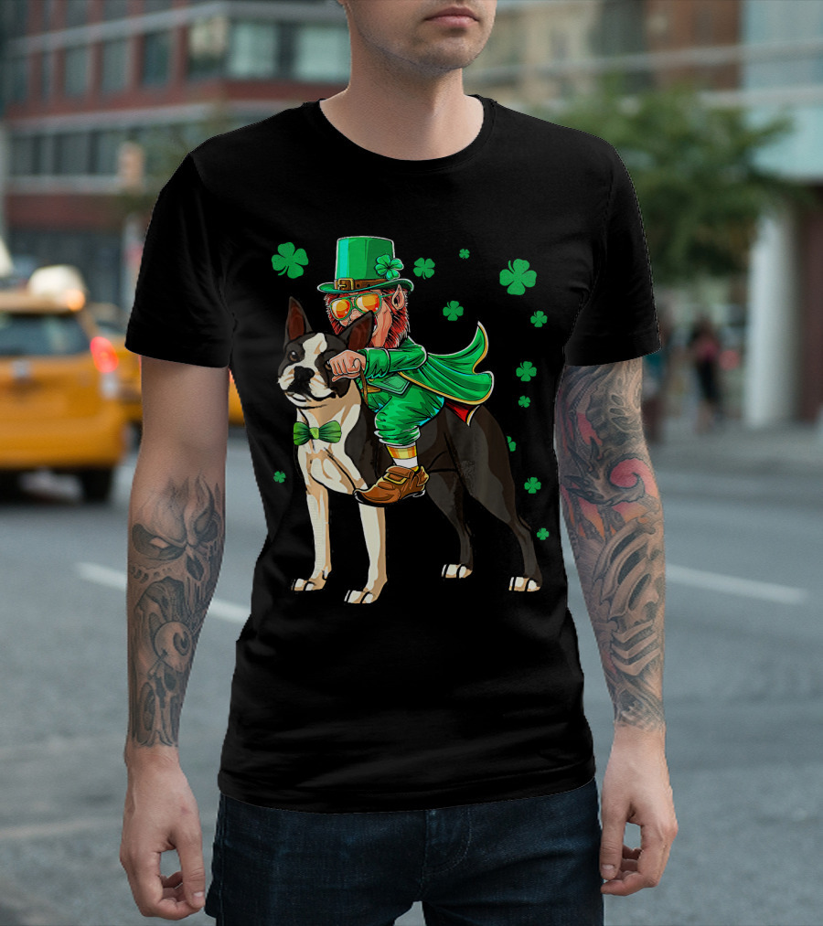 Leprechaun Riding Boston Terrier With Shamrock Accents T-Shirt