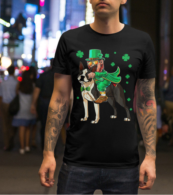 Leprechaun Riding Boston Terrier With Shamrock Accents T-Shirt