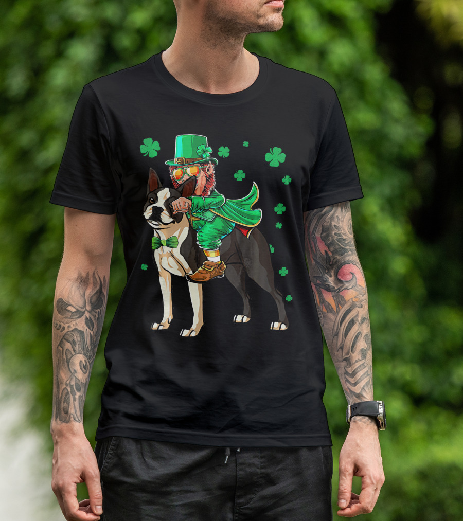 Leprechaun Riding Boston Terrier With Shamrock Accents T-Shirt