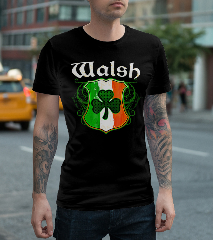 Walsh Surname Irish Shamrock Crest With Green White Orange Shield T-Shirt