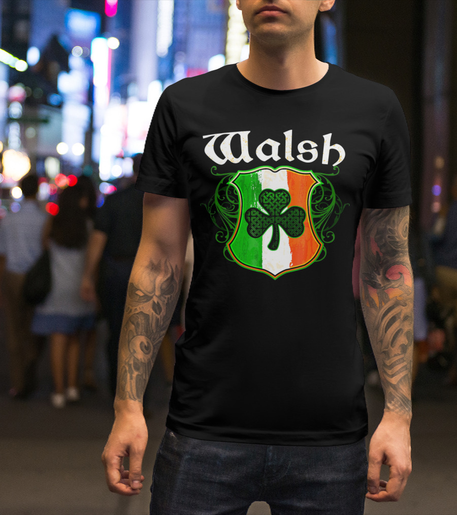 Walsh Surname Irish Shamrock Crest With Green White Orange Shield T-Shirt