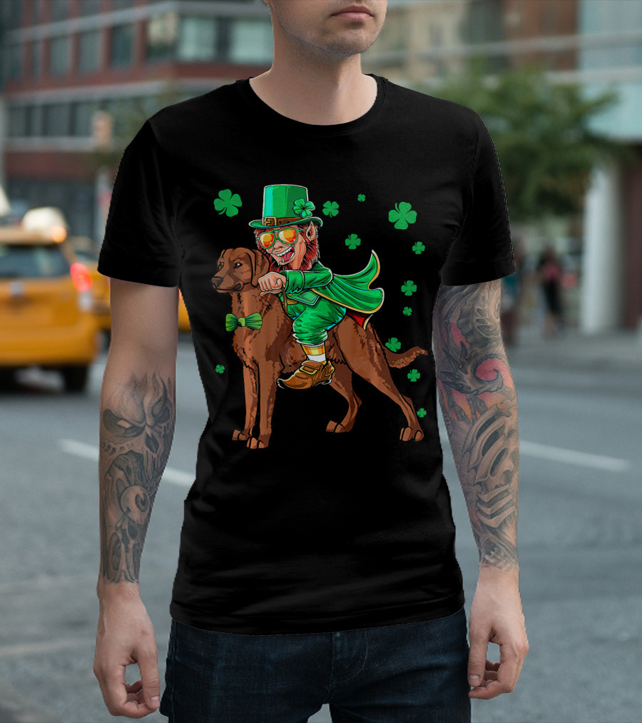 Leprechaun Riding Chesapeake Bay Retriever with Shamrocks T-Shirt