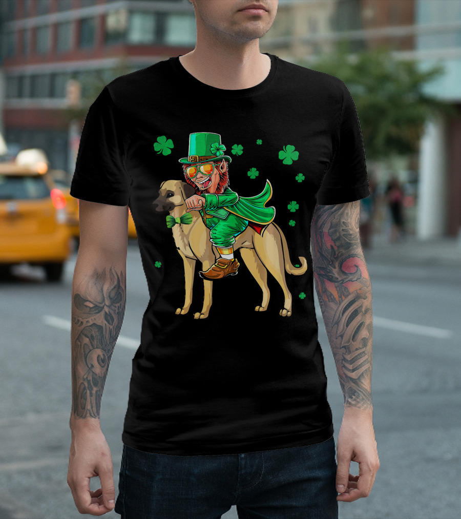 Leprechaun Riding Anatolian Shepherd with Shamrock Accents T-Shirt
