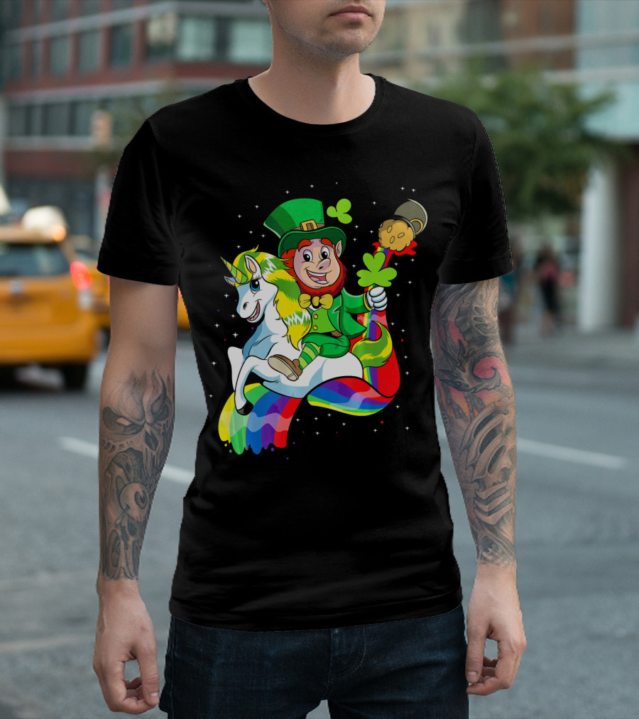 St Patricks Day Leprechaun Riding Unicorn With Rainbow Lucky Charms T-Shirt