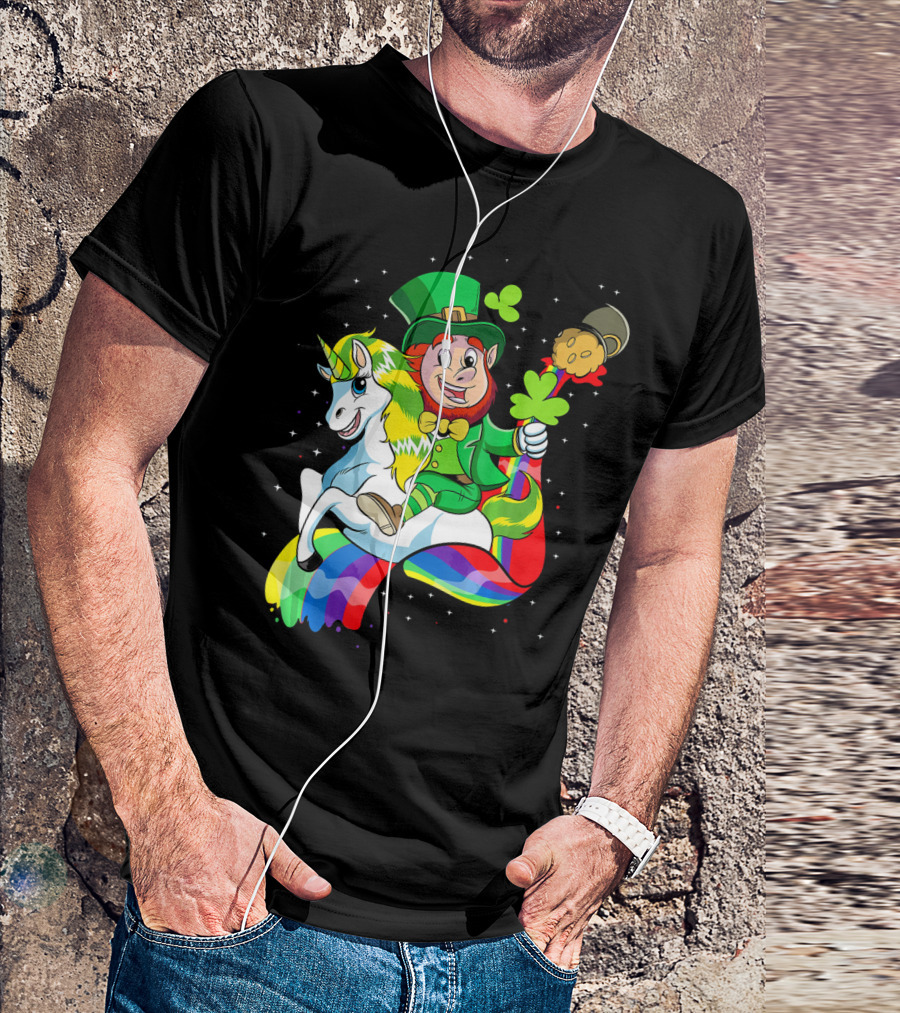 St Patricks Day Leprechaun Riding Unicorn With Rainbow Lucky Charms T-Shirt