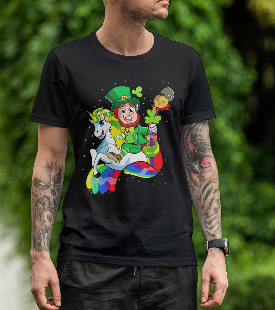 St Patricks Day Leprechaun Riding Unicorn With Rainbow Lucky Charms T-Shirt