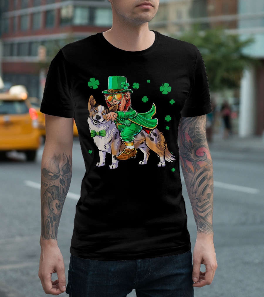 Leprechaun Riding Cardigan Welsh Corgi with Shamrocks T-Shirt