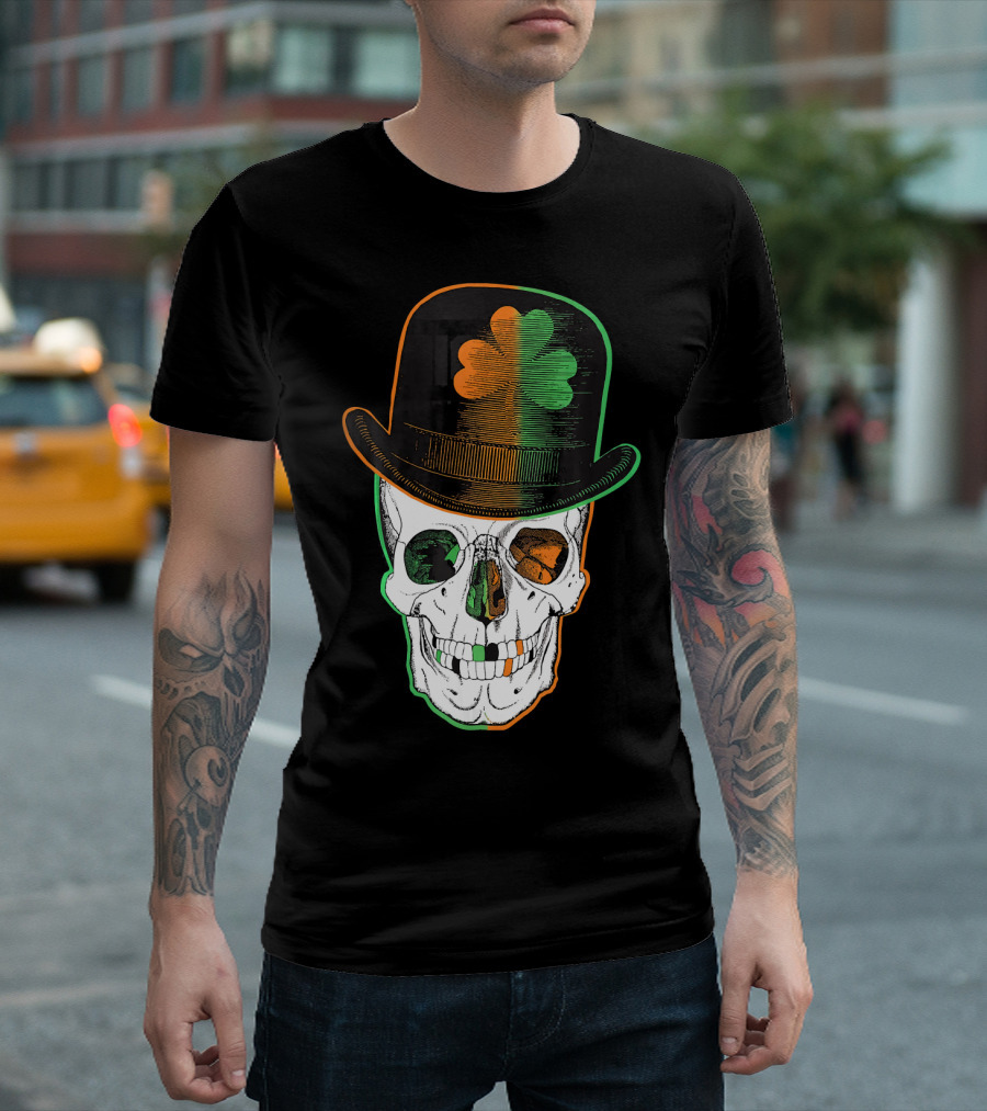 St Paddys Day Irish Leprechaun Skull Shamrock Hat T-Shirt