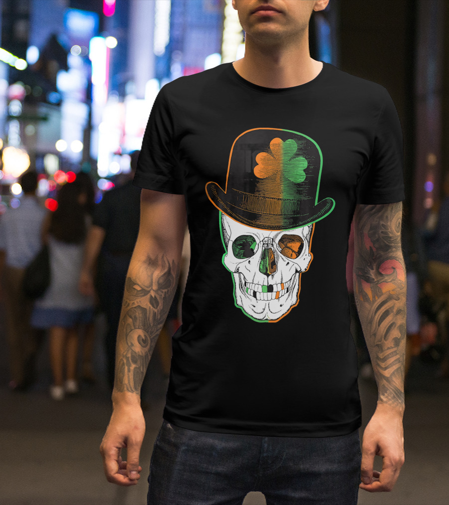 St Paddys Day Irish Leprechaun Skull Shamrock Hat T-Shirt