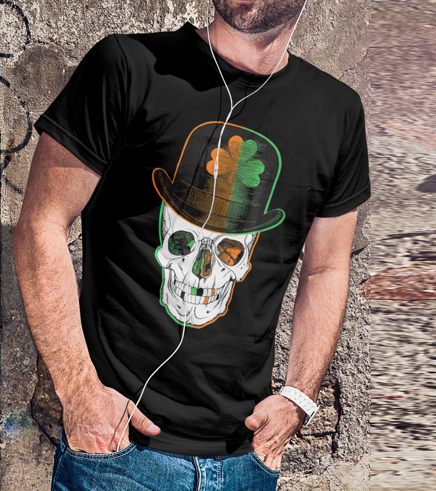 St Paddys Day Irish Leprechaun Skull Shamrock Hat T-Shirt