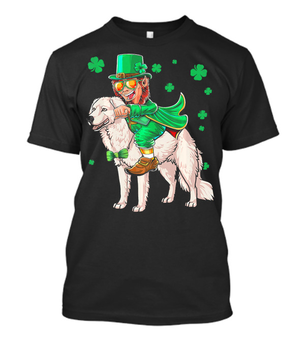 Leprechaun Riding Kuvasz Surrounded By Shamrocks For St. Patrick's Day T-Shirt