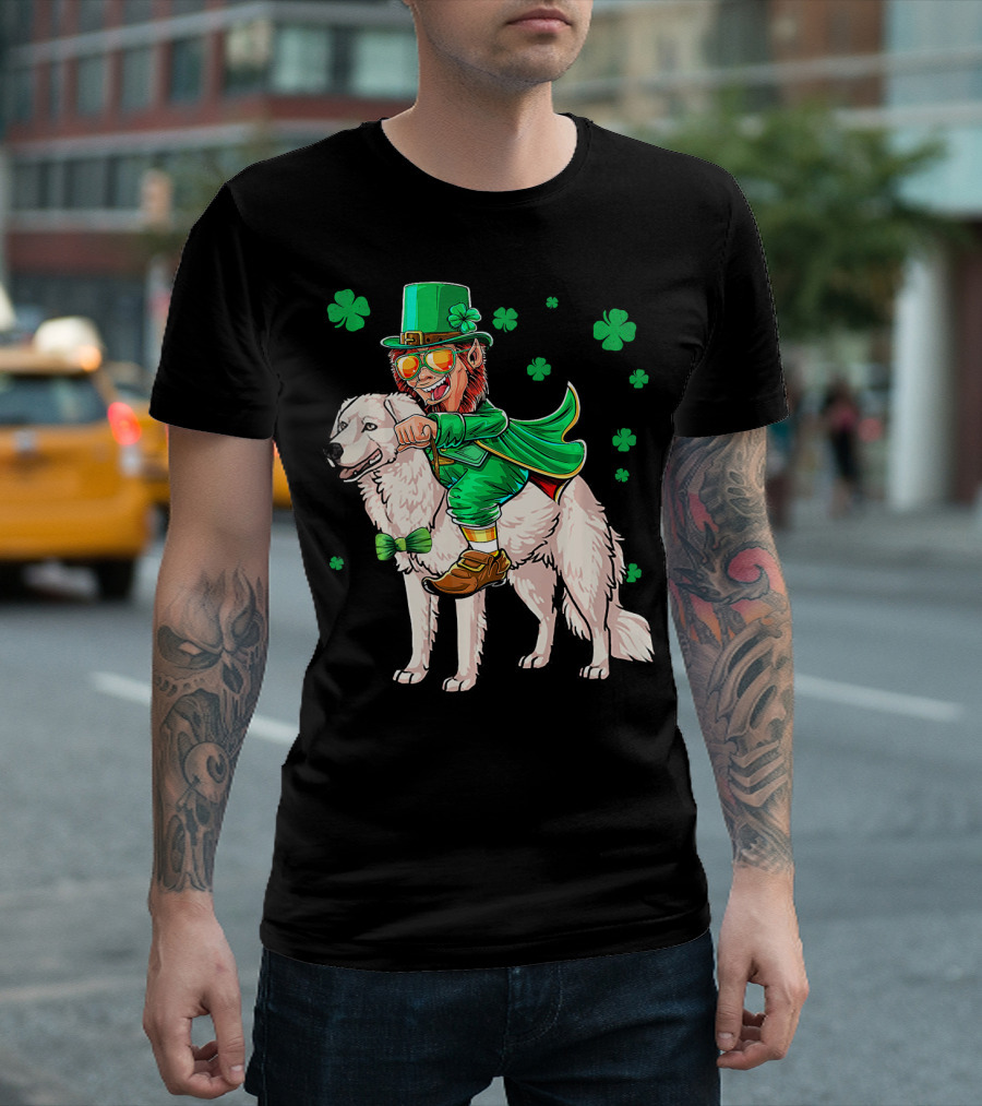 Leprechaun Riding Kuvasz Surrounded By Shamrocks For St. Patrick's Day T-Shirt