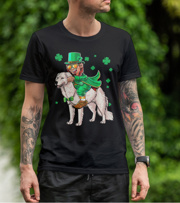 Leprechaun Riding Kuvasz Surrounded By Shamrocks For St. Patrick's Day T-Shirt