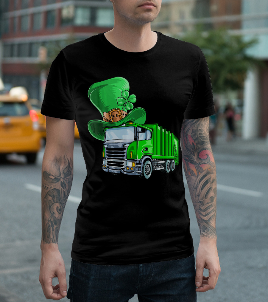 St Patricks Day Garbage Truck With Leprechaun Hat And Four-Leaf Clover T-Shirt