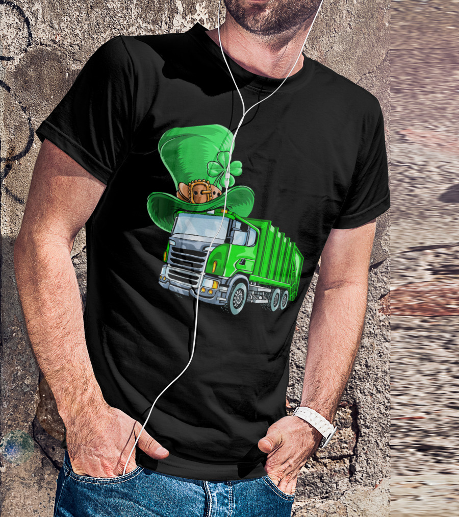 St Patricks Day Garbage Truck With Leprechaun Hat And Four-Leaf Clover T-Shirt