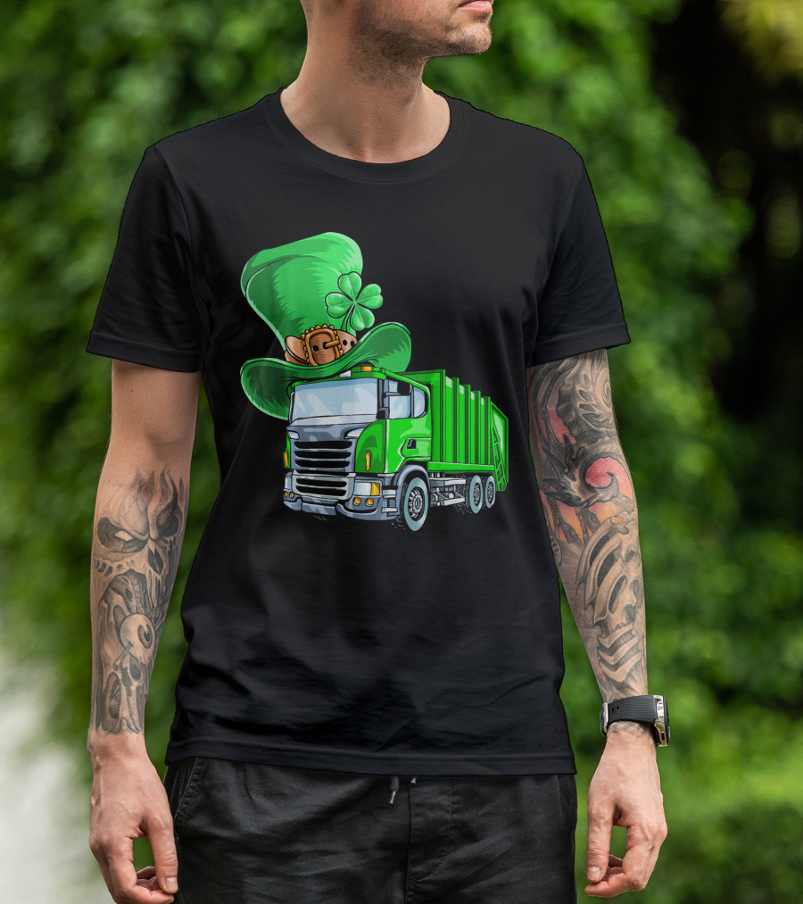 St Patricks Day Garbage Truck With Leprechaun Hat And Four-Leaf Clover T-Shirt
