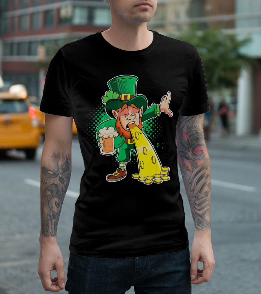 Drunk Leprechaun Puking Gold Coins And Beer Mug T-Shirt